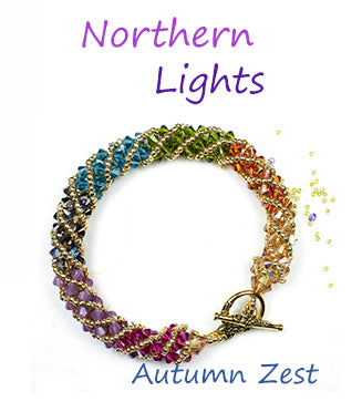 A handmade spiral rope bracelet featuring a rainbow blend of seed beads and crystals with a toggle clasp, displayed in a circular shape.