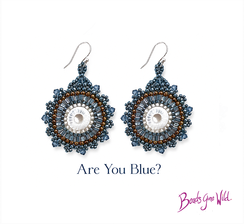 Beaded earrings with blue and brown design on a white background, featuring the brand 'Beads Gone Wild'.