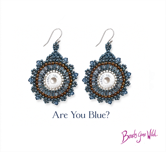 Beaded earrings with blue and brown design on a white background, featuring the brand 'Beads Gone Wild'.