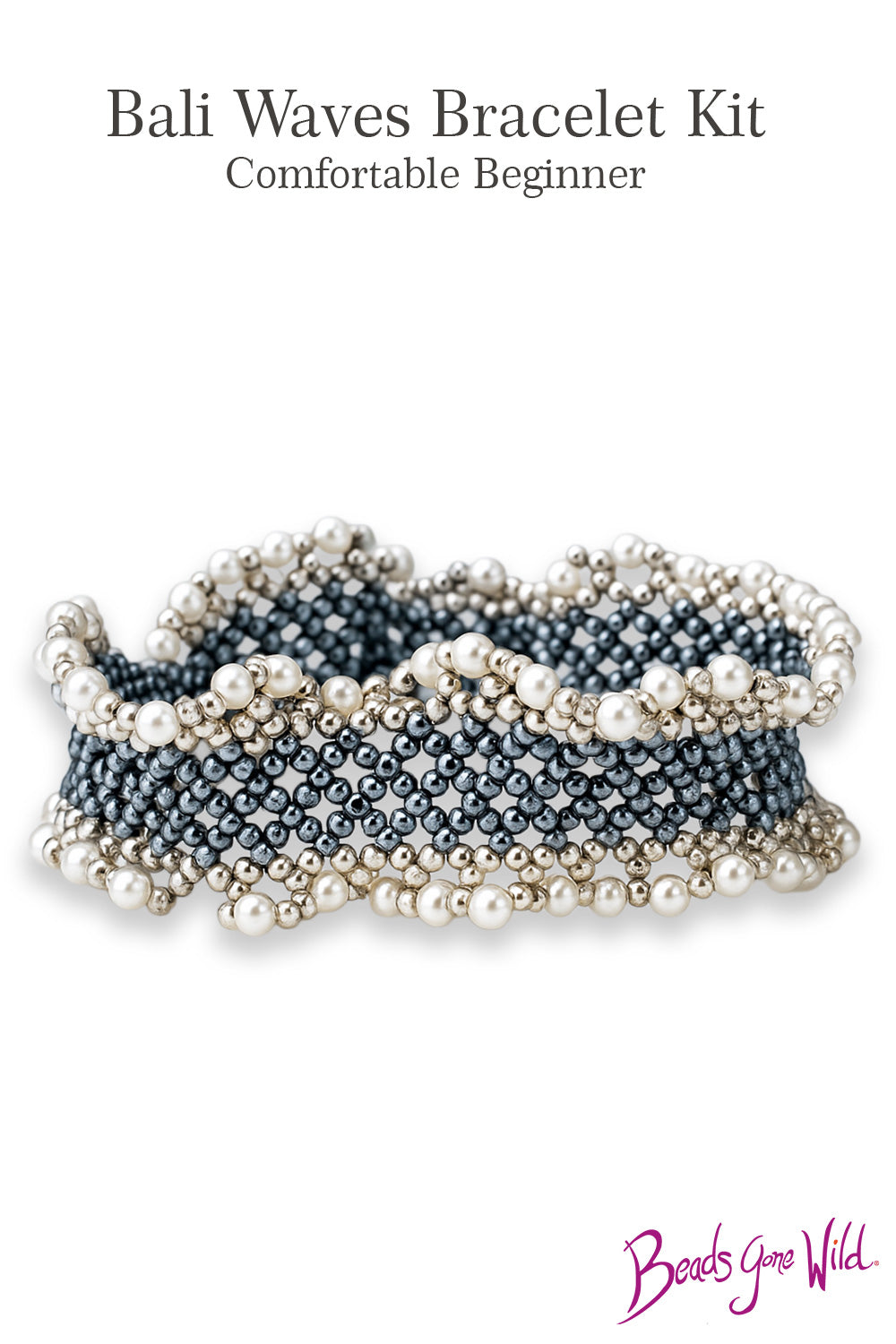 A netted beaded bracelet with soft ruffled edges and pearl accents in a wave-like pattern