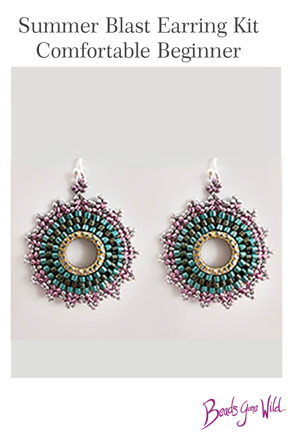 Beaded earring kit components including beads, ear wires, needles, thread, and step-by-step instructions.