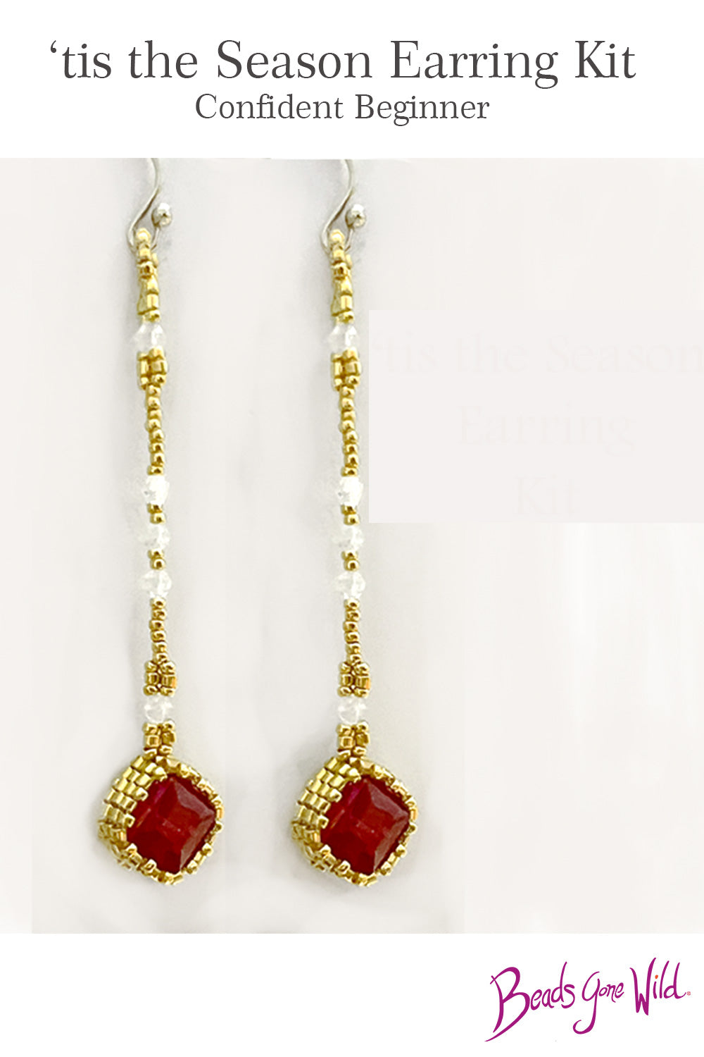 Long ruby and gold beaded earrings made with peyote stitch, featuring a bezeled ruby crystal, white and gold seed beads, and gold-filled ear wires
